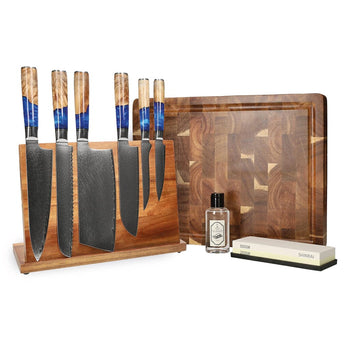 Couteaux Shinrai - Coffret Méga Époxy Saphir - Ensemble complet de couteaux avec bloc, planche à découper et pierre à aiguiser 