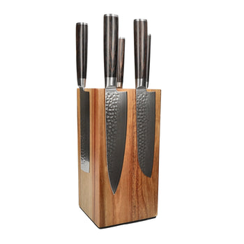 Couteaux Shinrai - Coffret de 5 couteaux en acier damassé martelé BR + bloc à couteaux - Coffret de couteaux rotatifs avec bloc - Couteaux Shinrai