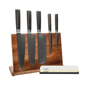 Couteaux Shinrai - Coffret de 5 couteaux en acier damassé martelé BR + bloc à couteaux + pierre à aiguiser