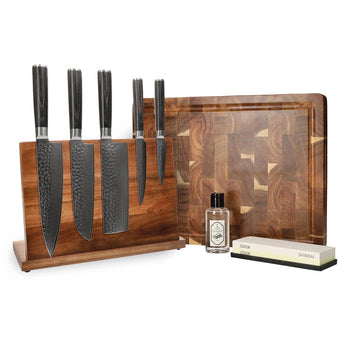 Couteaux Shinrai - Coffret complet BR Damas martelé - Ensemble de couteaux complet avec bloc, planche à découper et pierre à aiguiser 