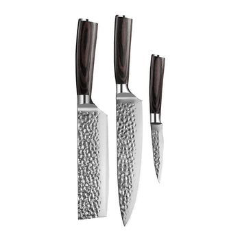 Couteaux Shinrai - Coffret de 3 couteaux en acier inoxydable martelé - Couteau de chef + Nakiri + Couteau d'office
