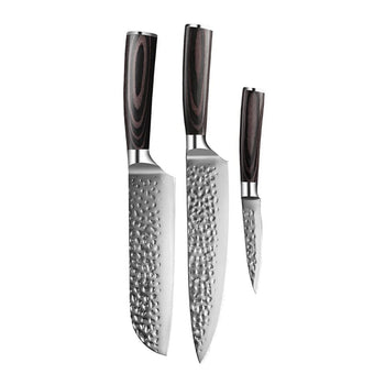 Couteaux Shinrai - Coffret de 3 couteaux en acier inoxydable martelé - Couteau de chef + Santoku + Couteau d'office