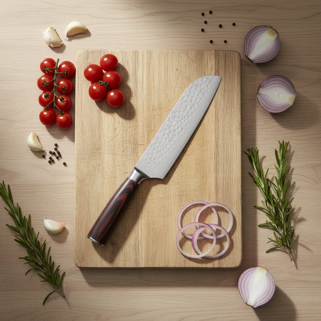 Shinrai Knives - Hammered RVS 3-delige Messenset - Koksmes + Santoku + Schilmes Messenset Shinrai Knives 