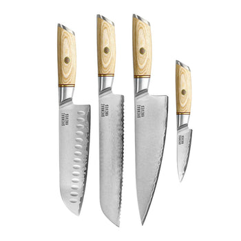 Couteaux Shinrai - Ensemble 4 pièces Hikari Damascus - Couteau de chef + Santoku + Couteau à pain + Couteau d'office Shinrai Knives Knife Set