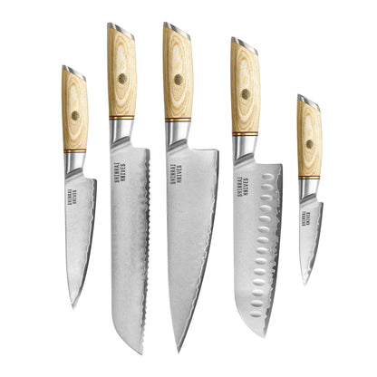 Shinrai Knives - Hikari Damascus 5-delige messenset + Messenblok Dubbelzijdig Messenset met blok Shinrai Knives 