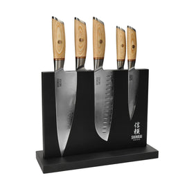 Couteaux Shinrai - Coffret de 5 couteaux Hikari Damas + Bloc à couteaux noir double face