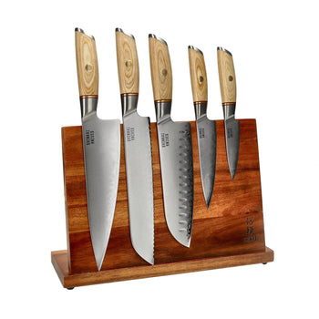 Couteaux Shinrai - Coffret de 5 couteaux Hikari Damas + Bloc à couteaux simple face