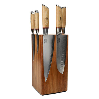 Couteaux Shinrai - Coffret de 5 couteaux Hikari Damas + Bloc à couteaux. Coffret de couteaux rotatifs avec bloc. Couteaux Shinrai
