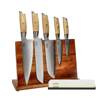 Couteaux Shinrai - Coffret de 5 couteaux Hikari Damas + Bloc à couteaux + Pierre à aiguiser