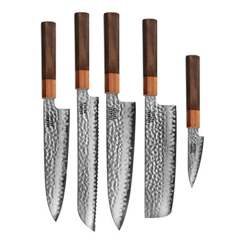 Shinrai Knives - Kigami Exclusive Damascus 5 pièces - Couteau de chef + Couteau à pain + Nakiri + Santoku + Couteau d'office Set de couteaux Shinrai Knives