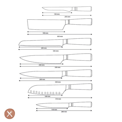 Shinrai Knives - Micarta Jewels 7-delige Damascus Messenset + Magnetisch Messenblok Scalae - Acacia hout Messenset met blok Shinrai Knives 