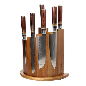 Couteaux Shinrai - Coffret de 7 couteaux damas Micarta Jewels + bloc magnétique ; Couteaux Scalae - Coffret de couteaux en bois d'acacia avec bloc ; Couteaux Shinrai