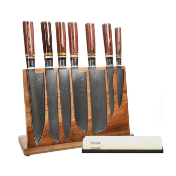 Couteaux Shinrai - Ensemble de 7 couteaux Micarta Jewels + Bloc à couteaux + Pierre à aiguiser. Ensemble de couteaux comprenant un bloc, une planche à découper et une pierre à aiguiser. Couteaux Shinrai 