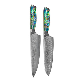 Couteaux Shinrai - Coffret de 2 couteaux damas « Bijoux en nacre » - Couteau de chef + Couteau Santoku