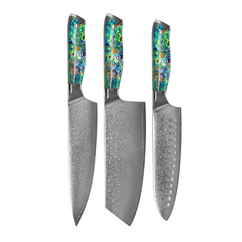 Couteaux Shinrai - Coffret de 3 couteaux damas ornés de nacre - Couteau de chef + Nakiri + Santoku