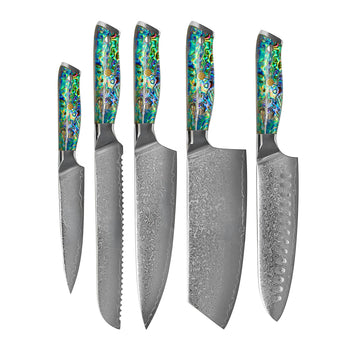 Couteaux Shinrai - Coffret de 5 couteaux « Bijoux en nacre » + bloc à couteaux - Couteaux Shinrai découpés à l'emporte-pièce