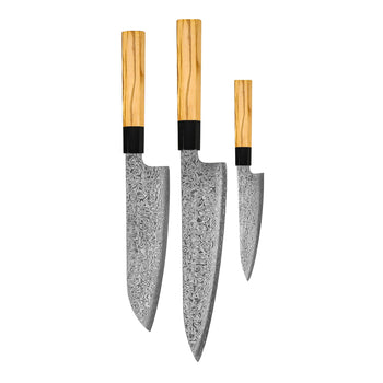 Couteaux Shinrai - Ensemble de couteaux Damas 3 pièces Takumi Kaza - Couteau de chef + Santoku + Couteau d'office Ensemble de couteaux Shinrai Knives