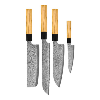 Couteaux Shinrai - Ensemble de couteaux Damas 4 pièces Takumi Kaza - Santoku + Couteau à pain + Nakiri + Couteau d'office Ensemble de couteaux Couteaux Shinrai